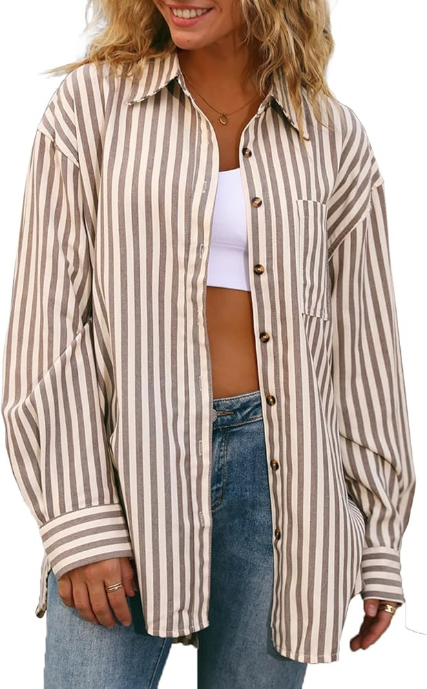 CHYRII Womens Striped Button Down Shirt Casual Long Sleeve Blouse Top | Amazon (US)