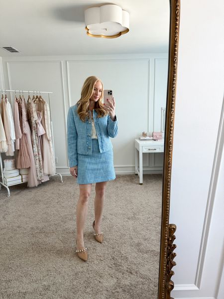 I love this new set from loft. The blue tweed is perfect for spring. You can wear the pieces together with heels or mix and match to make different outfits  

#LTKstyletip #LTKworkwear #LTKSeasonal