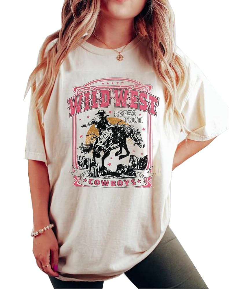 Women's Western Cowboy Shirts Vintage Rodeo Graphic Oversized Tops Country Music Tees Short Sleev... | Amazon (US)