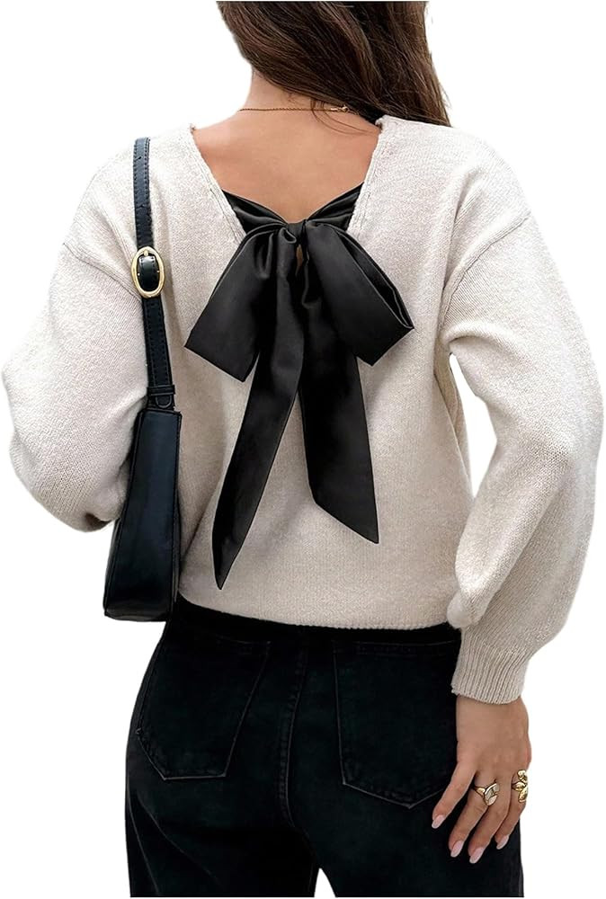 SOLY HUX Women's Long Sleeve Pullover Sweater Bow Tie Back Drop Shoulder Fall Knit Tops | Amazon (US)