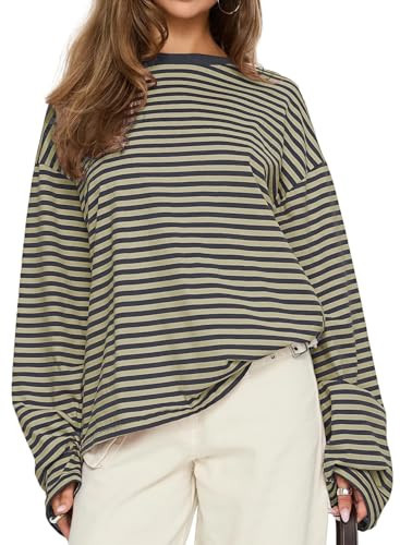CHYRII Women Oversized Striped Long Sleeve T Shirts Fashion Casual Fall Spring 2026 Tops Y2K Clothes (Dark Grey+Beige M) | Amazon (US)