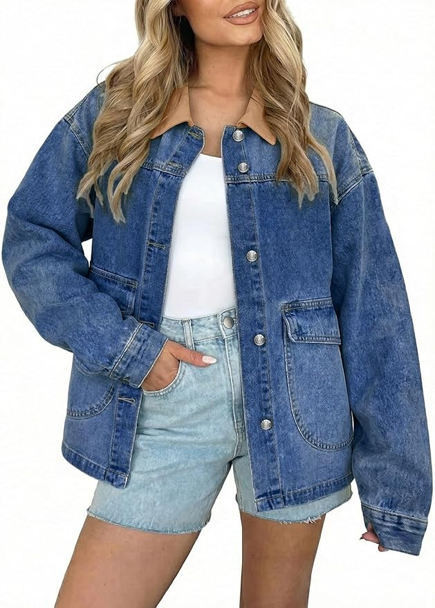 EVALESS Women's Oversized Jean Jacket Button Down Contrast Trim Barn Jackets Trendy Boyfriend Den... | Amazon (US)
