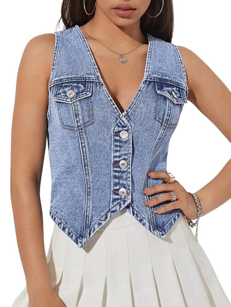 GORGLITTER Women's Denim Vest Sleeveless Jean Vest Crop Denim Tank Top Flap Pocket Button Front Y... | Amazon (US)