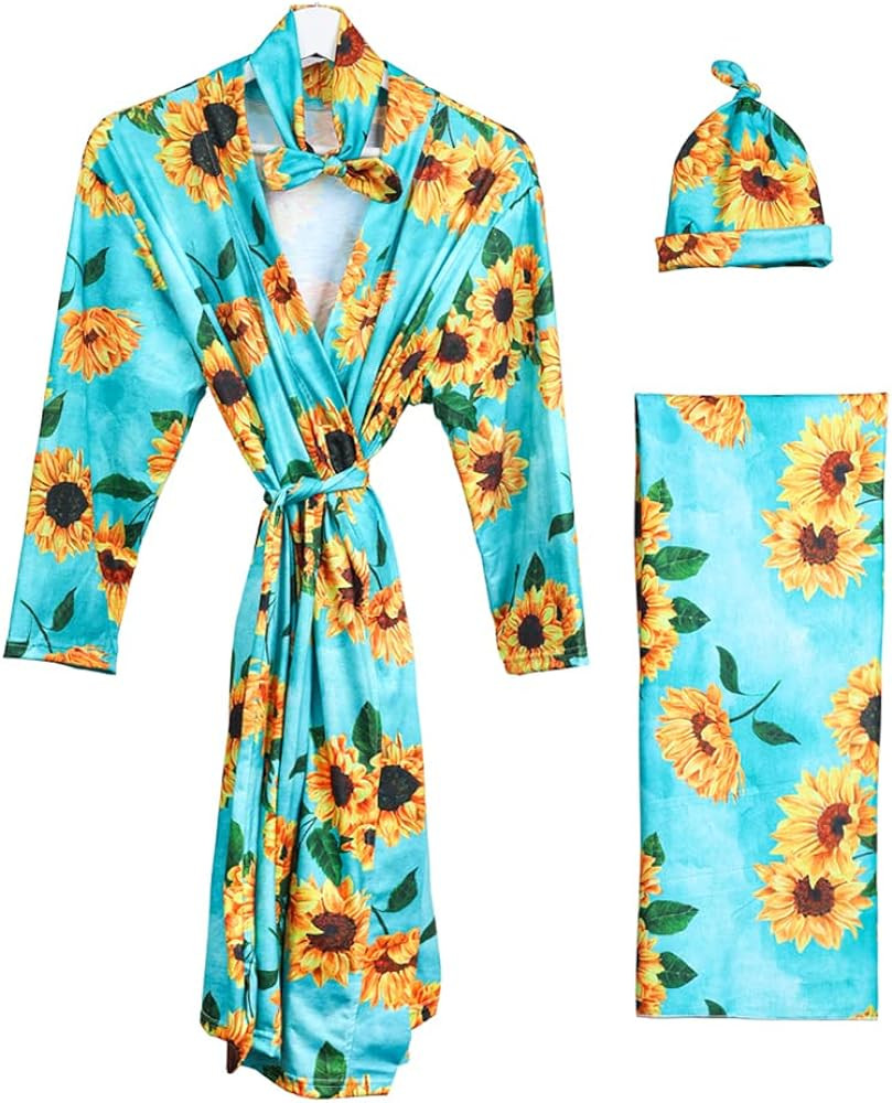 Mommy and Me Robe and Swaddle Set Floral Maternity and Baby Matching Delivery Blanket Headband fo... | Amazon (US)