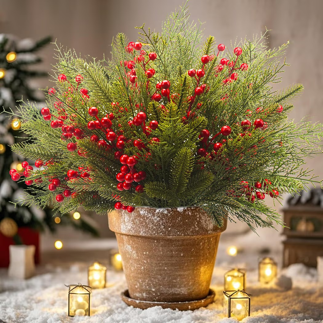 90 PCS Artificial Pine Branches Cedar Stems with Red Holly Berries - Perfect Faux Pine Greenery S... | Amazon (US)