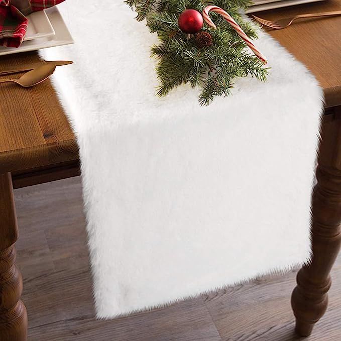 yuboo White Furry Table Runner, 15 x 72 Faux Fluffy Fur Fabric for Christmas/Holiday/Party Decora... | Amazon (US)