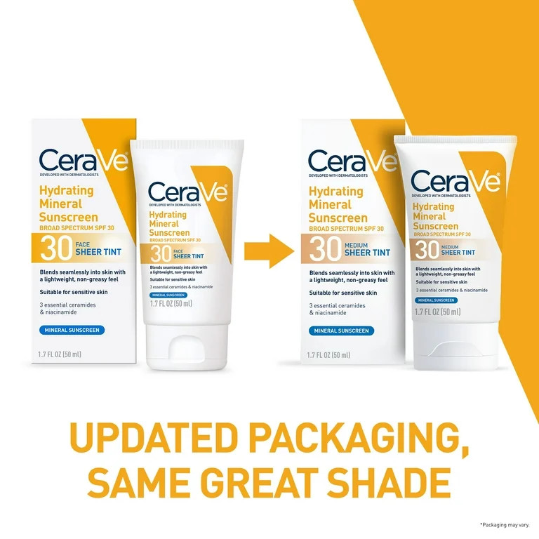 CeraVe Tinted Hydrating Mineral Sunscreen Lotion SPF 30 for Face with Sheer Tint | Walmart (US)