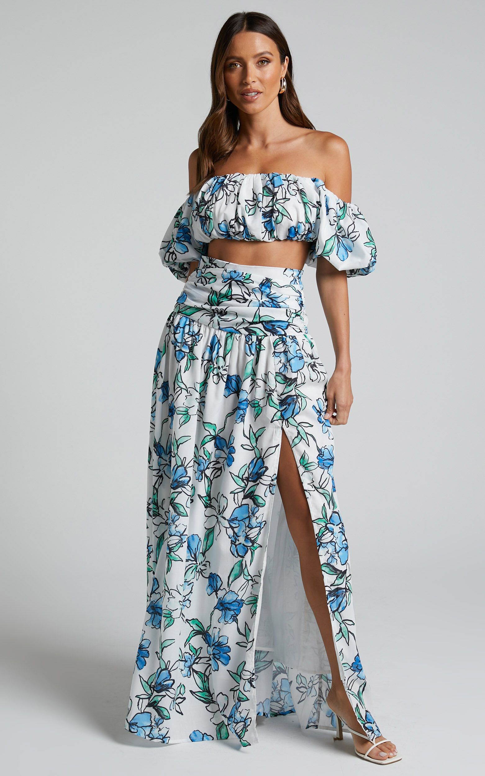 Alezia Two Piece Set - Off Shoulder Crop Top and Gathered Waist Midi Skirt in Brush Stroke Floral | Showpo (ANZ)
