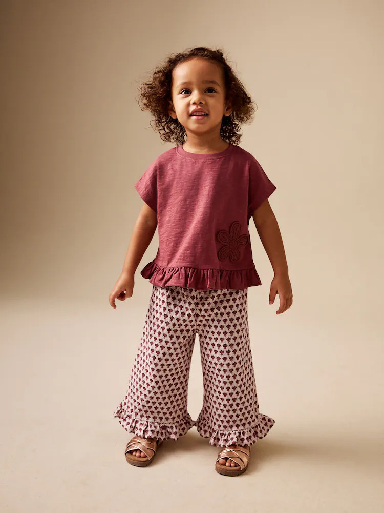 Red/Brown Flower Short Sleeve Top and Wide Trousers Set (3mths-7yrs) | Next US
