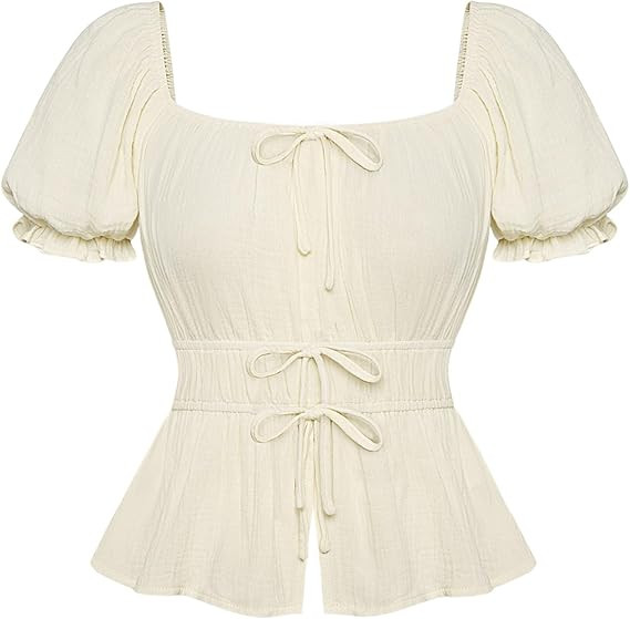 Scarlet Darkness Women Tie Front Tops Renaissance Puff Sleeve Blouse Peasant Peplum Shirts | Amazon (US)