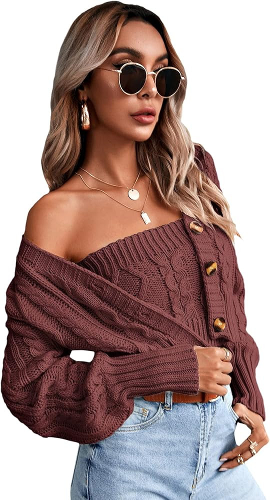 Romwe Women's Loose Long Sleeve Knit Button Down Cardigan Sweaters 2 Pieces Sweatshirt Pullove Crop  | Amazon (US)