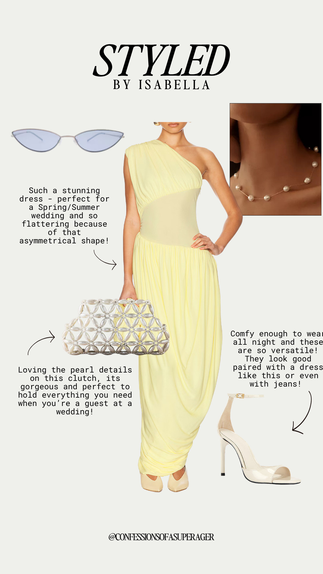 Make a statement at your next event in this stunning butter yellow one-shoulder maxi dress, the ultimate flattering silhouette for a spring or summer wedding guest outfit! The asymmetrical draped design pairs beautifully with elegant, timeless pearl accents, including a delicate pearl station necklace and a gorgeous cage-style pearl clutch bag that holds all your wedding essentials. I completed this chic occasion look with versatile cream ankle-strap stiletto heels that are comfortable enough to wear all night (and look just as good styled casually with jeans later!). Finish the ensemble with trendy cat-eye sunglasses for a touch of modern sophistication that screams quiet luxury. 

 #LTKwedding #WeddingGuestDress #ButterYellow #OneShoulderDress #MaxiDress #FormalWear #PearlTrend #SpringFashion #SummerOutfits #OccasionWear #QuietLuxury #ElegantStyle #ShopTheLook #LTKootd #LTKOver40 #LTKSaleAlert