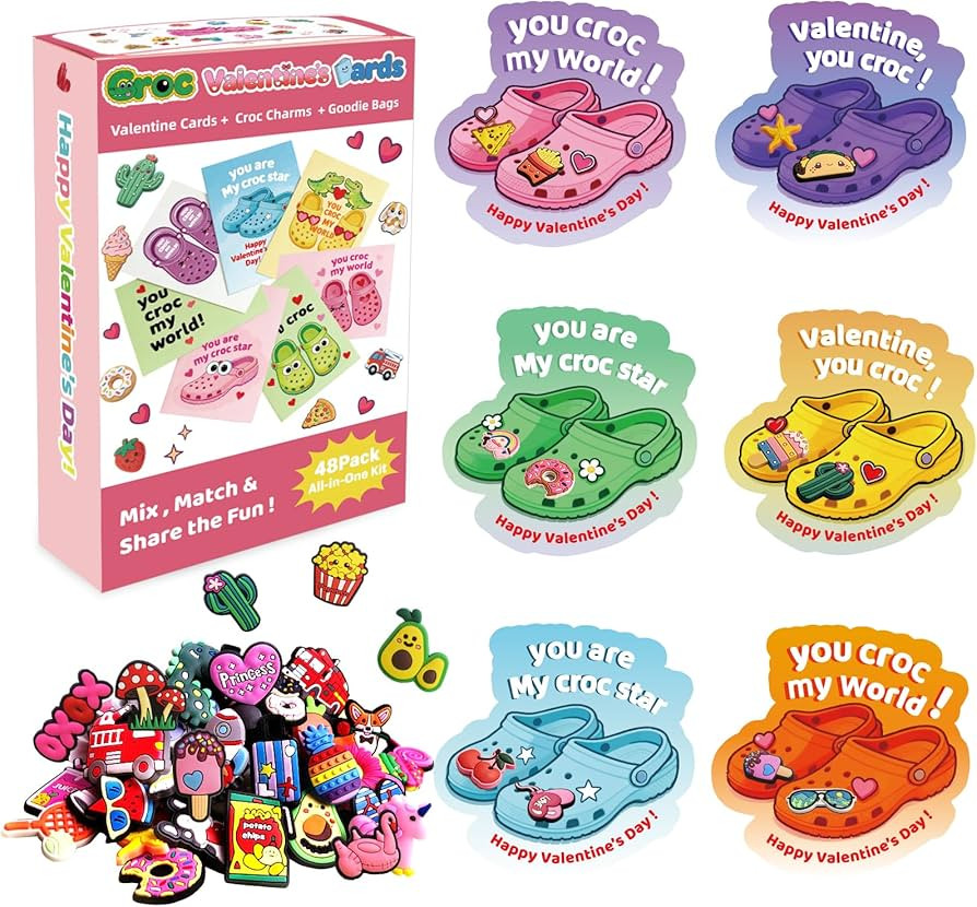 JX 48 Pack Valentine's Day Cards for Kids Classroom with 96 Shoe Charms & Goodie Bags,Valentine G... | Amazon (US)