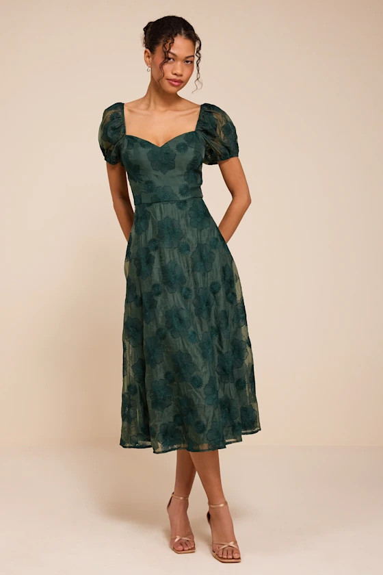 Sweetest Behavior Emerald Embroidered Puff Sleeve Midi Dress | Lulus