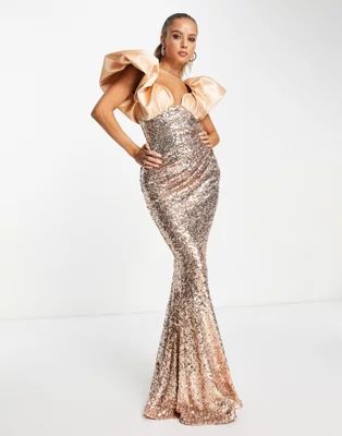 ASOS DESIGN puff sleeve satin sequin maxi dress in rose gold | ASOS (Global)