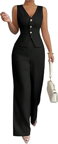 SOLY HUX Women's 2 Piece Business Casual Outfits Button Up V Neck Suit Vest and Pants Set | Amazon (US)
