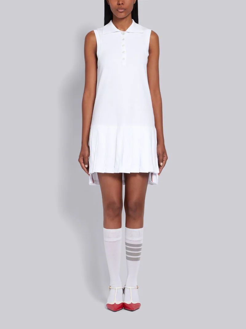White Pique Center Back RWB Stripe Sleeveless Pleated Tennis Dress | Thom Browne