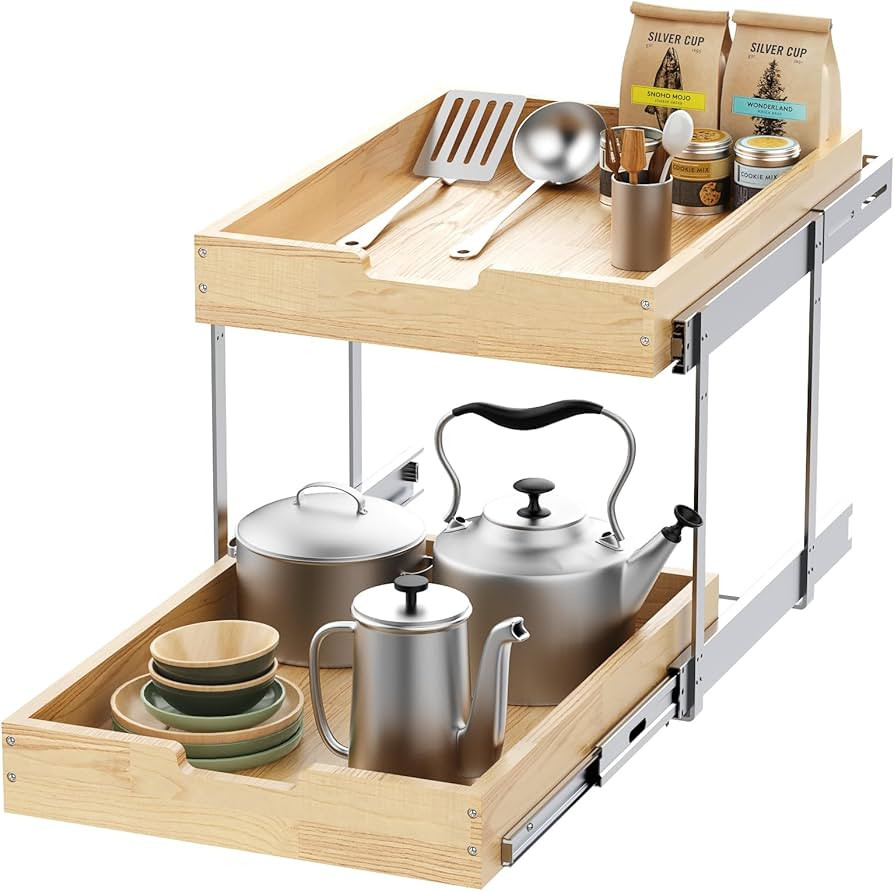 Wood Pull Out Cabinet Organizer 2 Tie 26" W x 21" D, Heavy-Duty Sliding Drawers for Inside Cabine... | Amazon (US)
