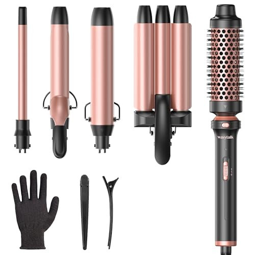 Wavytalk 5 in 1 Curling Wand Set, Dual Voltage Curling Iron Set with 5 Interchangeable Barrels Included A Thermal Brush, A Hair Crimper and 3 Ceramic Curling Wands(0.5"-1.25"), Rose Pink | Amazon (US)