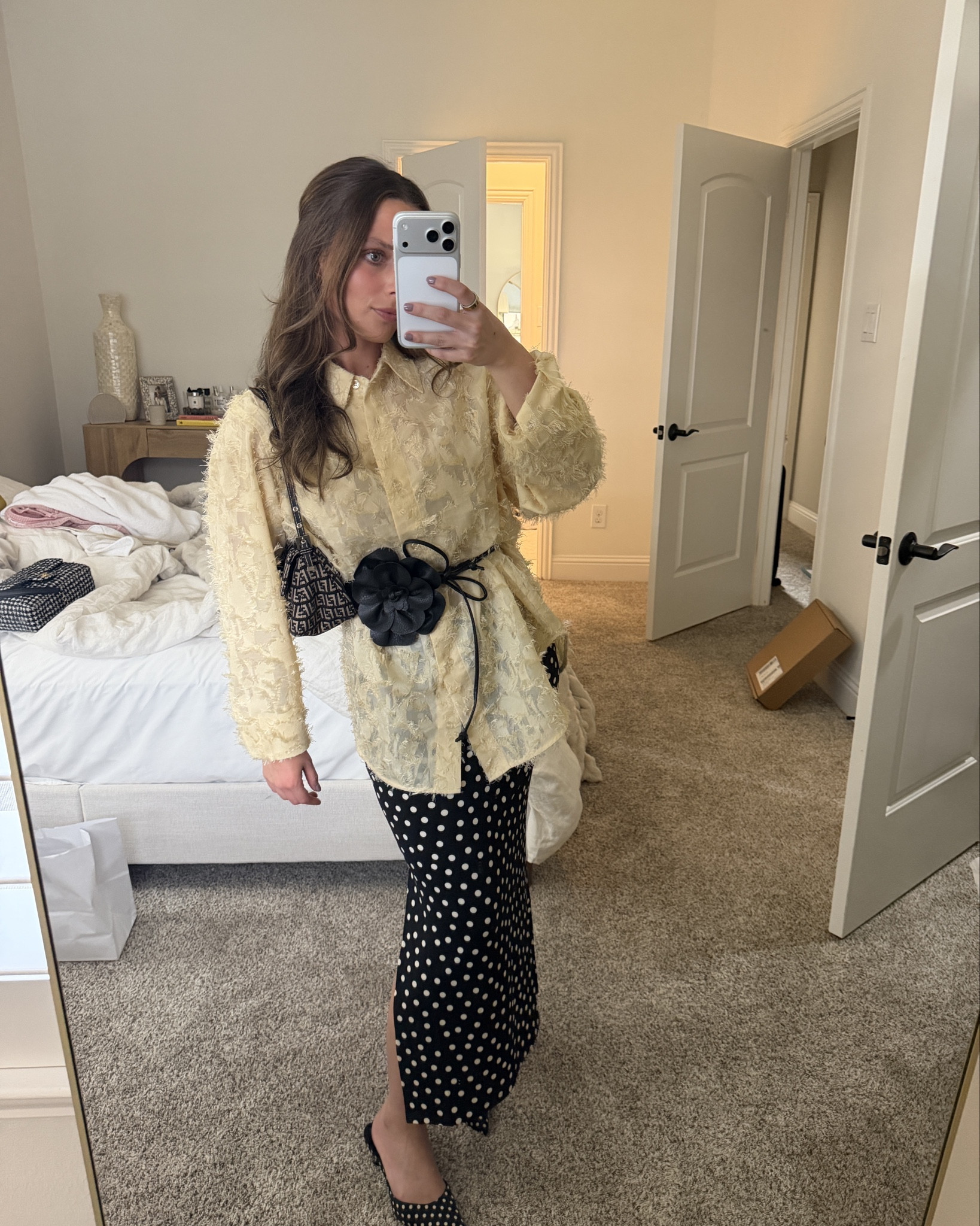 Spring outfit inspo🖤💛🖤💛🖤
The skirt is $20!
Such an affordable outfit but so chic

Polka dot outfit inspo, the cutest outfit 💛
Polka dot heels , polka dot skirt, 
Flower belt , unique belt / belt outfit / statement outfit / polka dot / target finds / H&M finds

#LTKSeasonal #LTKSaleAlert #LTKSpringSale