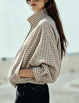 Women Oversized Cropped Gingham Jacket Zip Up Stand Collar with Batwing Sleeves Casual Coat Sprin... | Amazon (US)