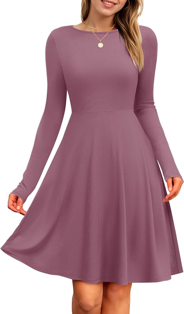 PLOKNRD Damen Strickkleid Herbst Langarm Kleider Elegant A-Linie Rundhalsausschnitt Freizeitkleid... | Amazon (DE)