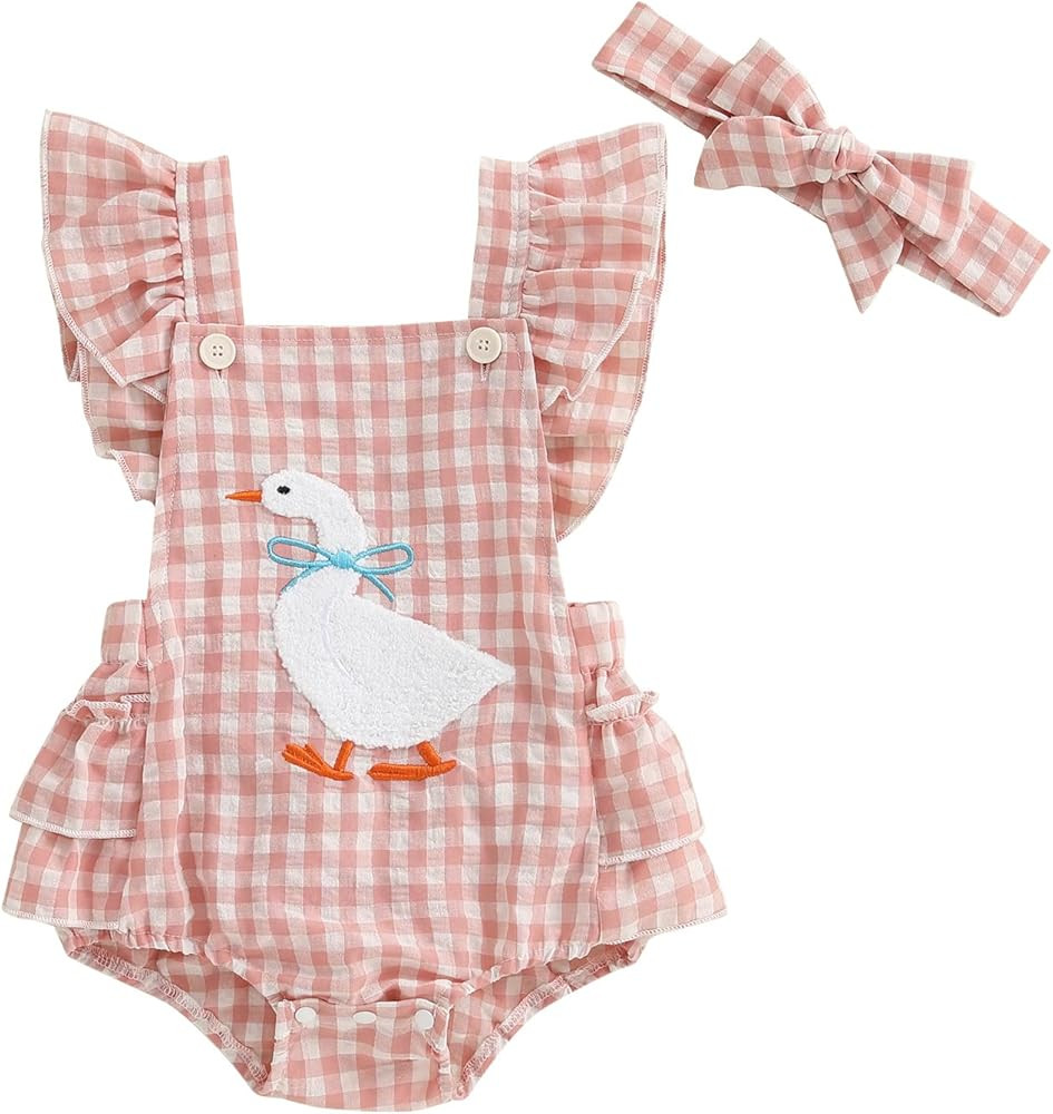 Honganda Cute Baby Girl Summer Romper Flying Sleeve Backless Goose Embroidery Plaid Bodysuit Ones... | Amazon (US)