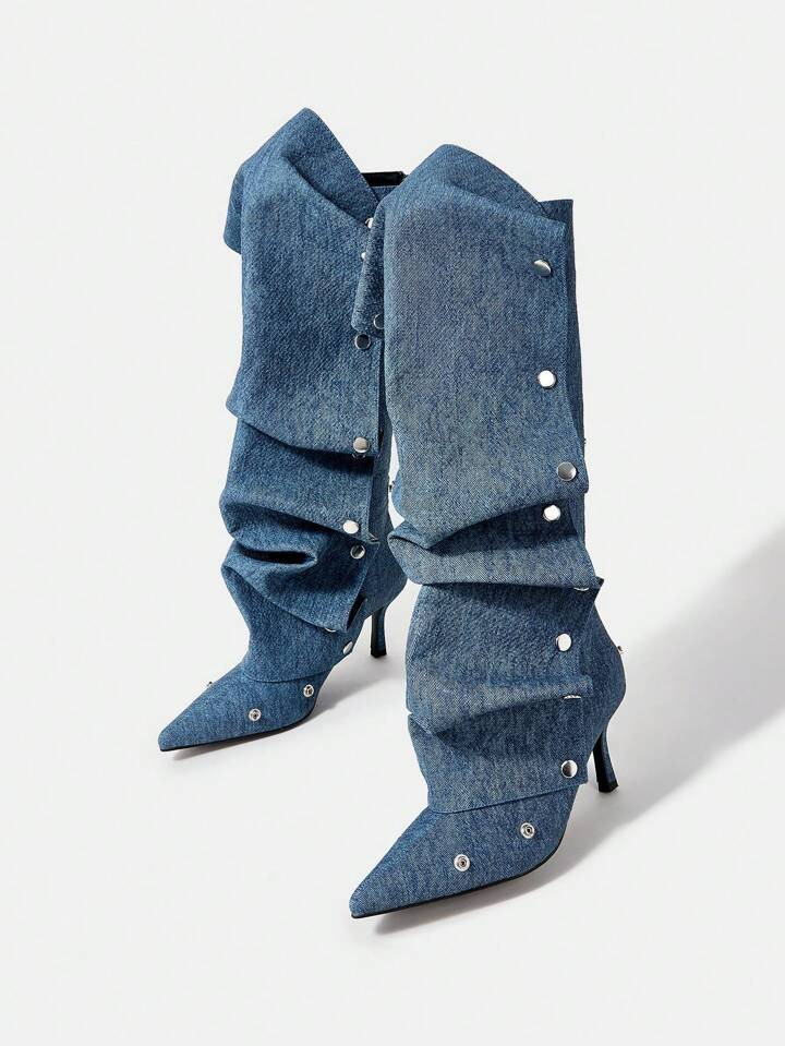 SHEIN SXY Denim Pleated Buckle Embellished High Heel Pointed Toe Boots | SHEIN