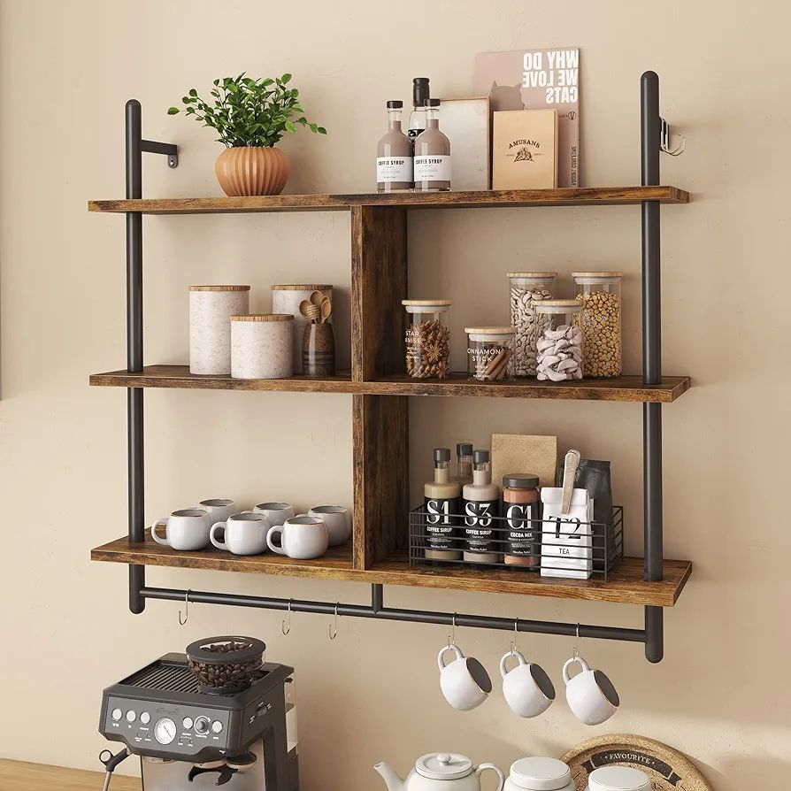 Bestier Floating Pipe Shelving Kitchen Shelves Wall Mounted 3 Tier 41.5" Ladder Coffee Bar Shelf ... | Amazon (US)