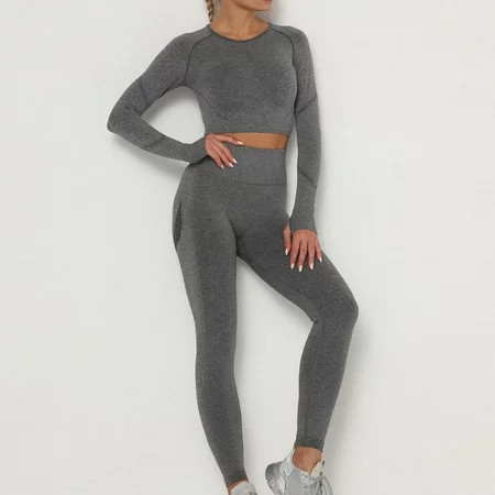 SELONE Workout Sets for Women 2 Piece Sweat Sets Active Solid Tracksuits Leggings Sweatsuit Set Long Sleeve Crewneck Basic Tops Knitted Soft Gym Sets Dark Gray L | Walmart (US)