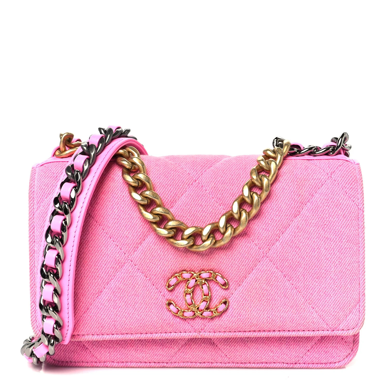 Denim Quilted Chanel 19 Wallet On Chain WOC Neon Pink | FASHIONPHILE (US)