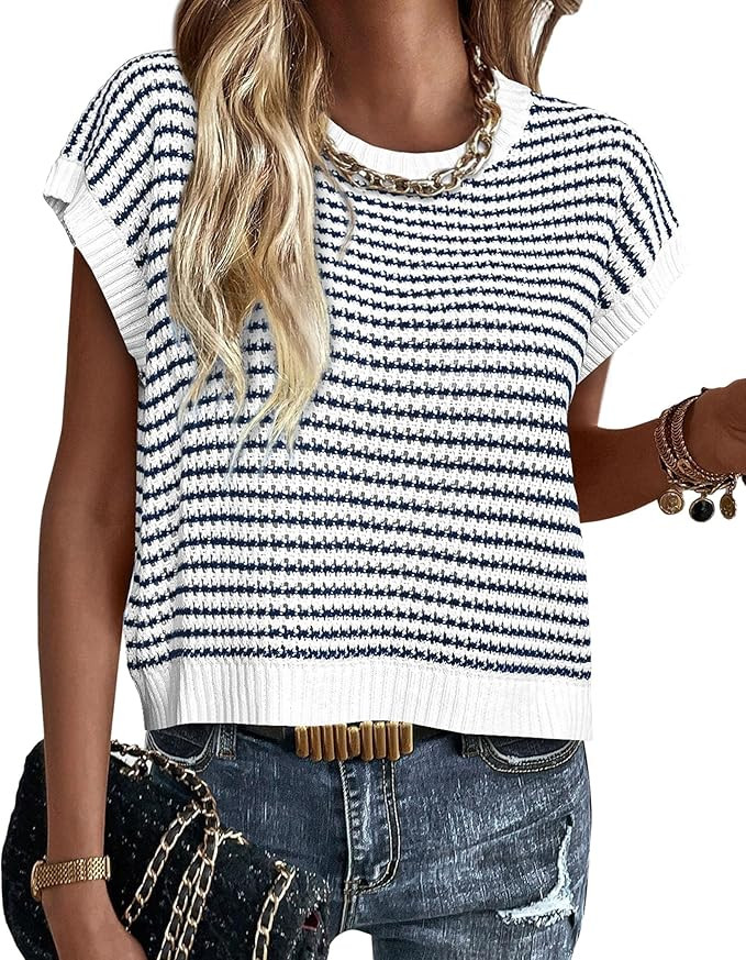 PRETTYGARDEN Womens Short Sleeve Sweater Spring Summer 2026 Round Neck Striped Pullover Cap Sleev... | Amazon (US)