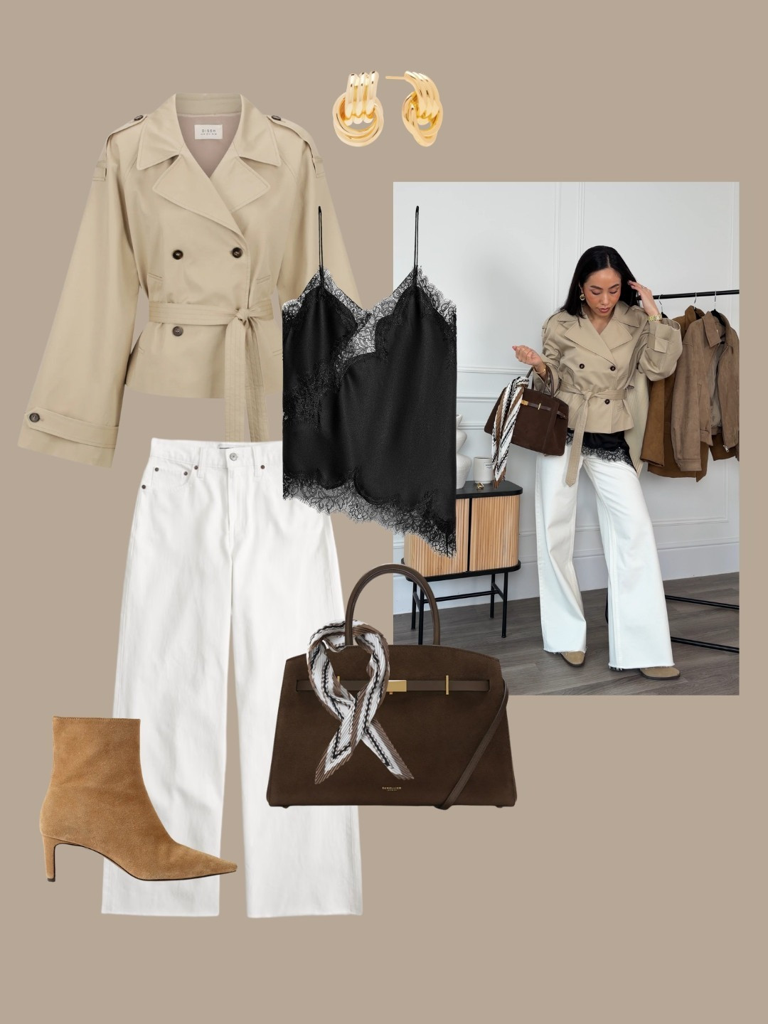 Spring outfit formulas - cropped trench coat jacket styled with an asymmetric black lace top, white wide denim jeans, chocolate brown suede bag, beige suede boots and silk scarf 

 #LTKjeans #LTKstyletip

#LTKspring