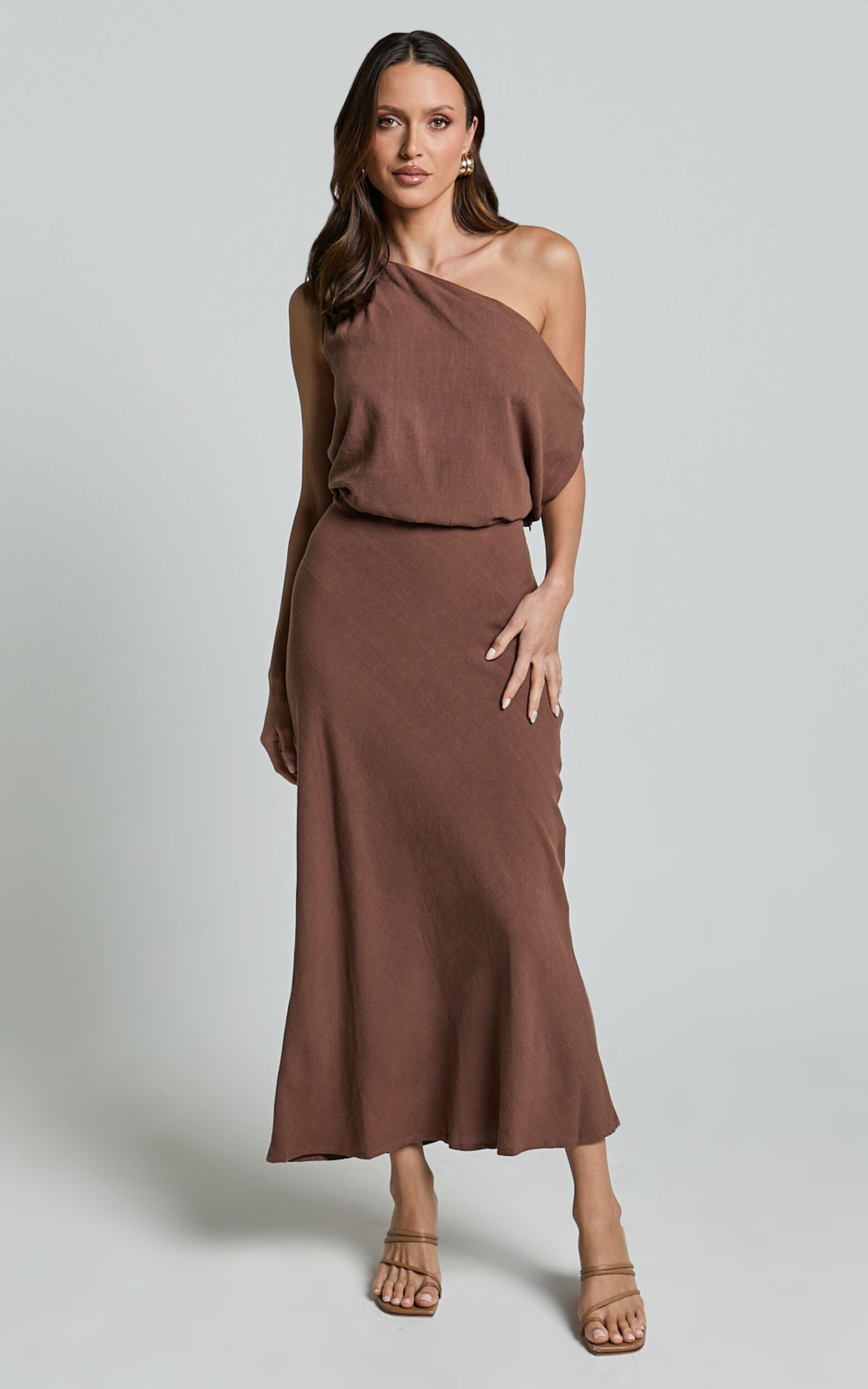Jacqueline Midi Dress - Linen Look One Shoulder Dress in Chocolate | Showpo (US, UK & Europe)