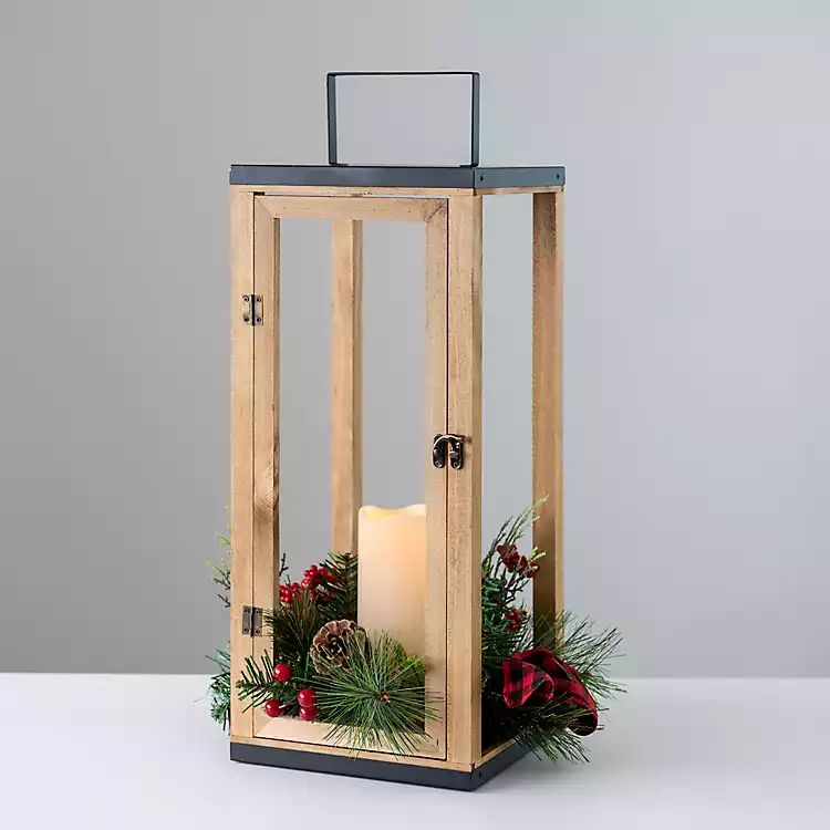 Wood Frame LED Lantern with Buffalo Check Bow | Kirkland's Home