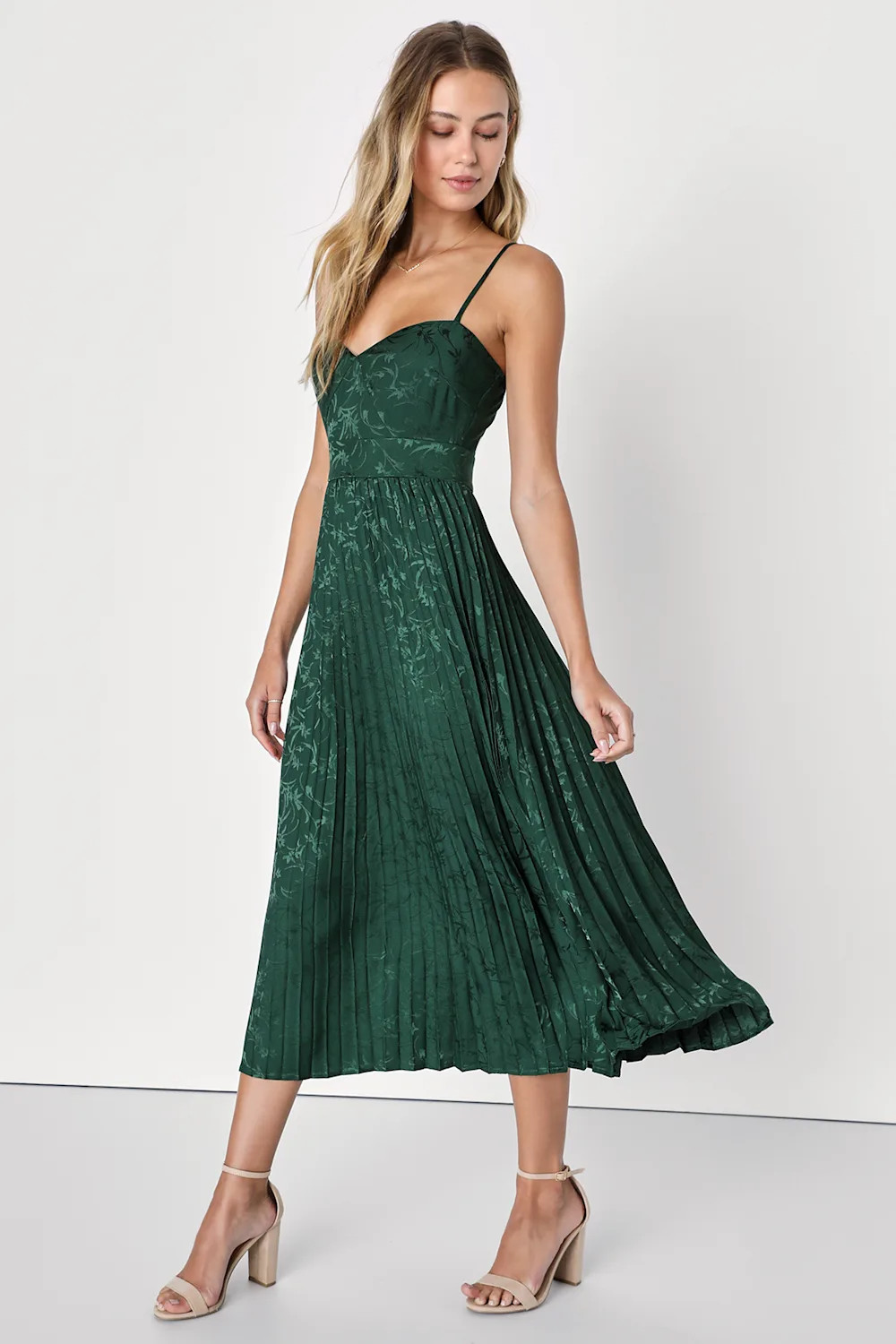 Regal Romance Emerald Floral Jacquard Pleated Satin Midi Dress | Lulus