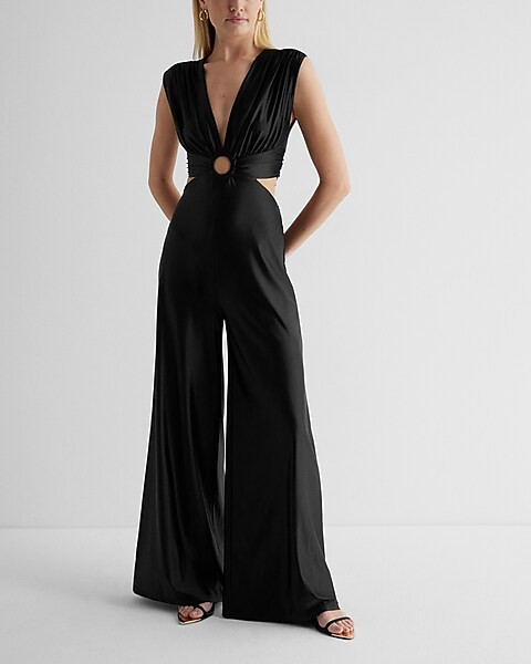 Satin V-Neck O-RIng Cutout Wide Leg Jumpsuit | Express