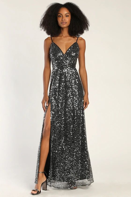 Magnetic Attraction Silver and Black Sequin Maxi Dress | Lulus (US)