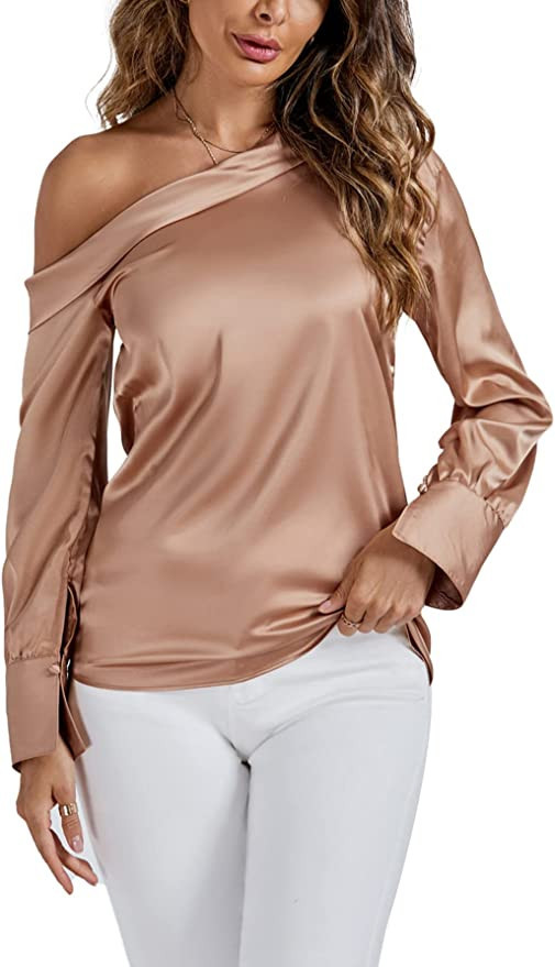 OPOIPIN Women's Elegant Sliky Satin Off The Shoulder Long Sleeve Blouse Top Shirt at Amazon Women... | Amazon (US)
