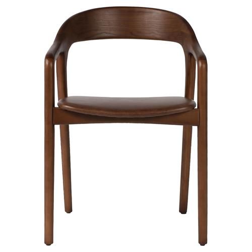Nanda Rustic Brown Upholstered Leather Seat Solid Ash Wood Dining Arm Chair | Kathy Kuo Home