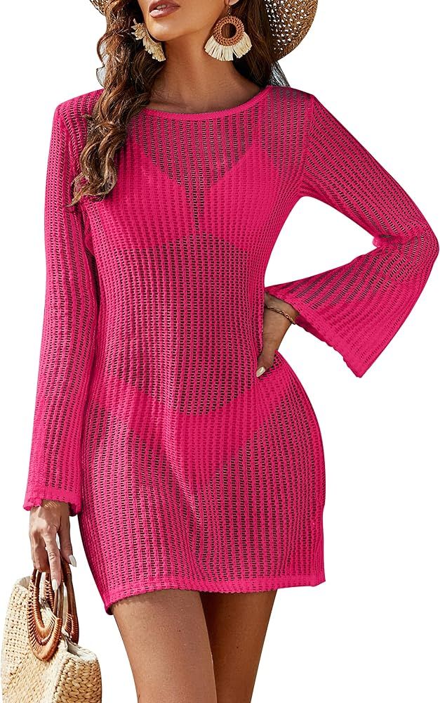 Blooming Jelly Women's Swimsuit Coverup Crochet Bikini Cover Ups Hollow Out Net Longsleeve Swimwe... | Amazon (US)