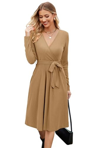 Newshows Womens 2025 Fall Dresses Teacher Church Business Casual Work Outfits Knit Midi Sweater Pockets Belt Dress(Apricot-1, M) | Amazon (US)
