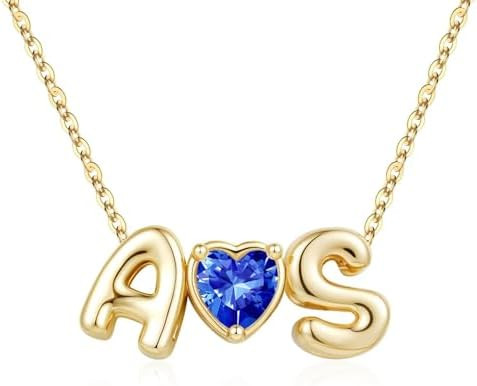M MOOHAM Heart Initial Birthstone Necklace for Women Girls - 14K-Gold-Plated Two Initial Birthsto... | Amazon (US)