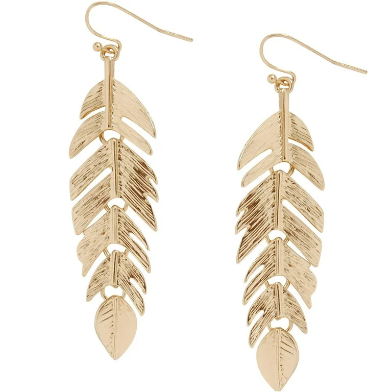 Floating Feathers Dangle Earrings - Long Hanging Metal Link Leaf Drops by Humble Chic NY, Gold-To... | Walmart (US)