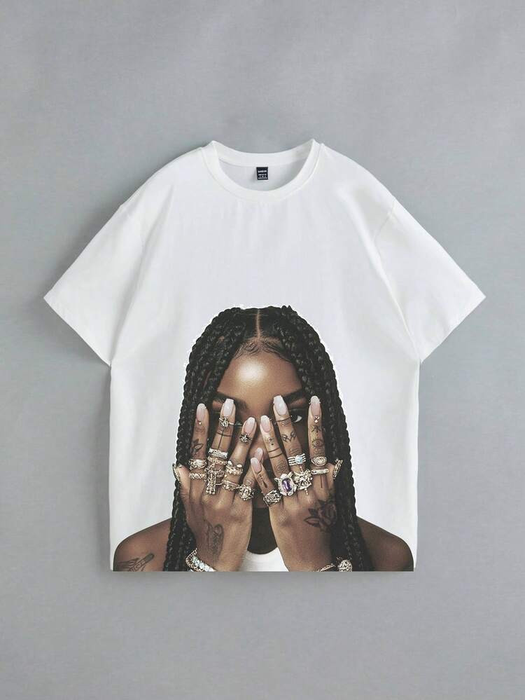 Slaydiva Casual Simple Hip-Hop Fingerprint & Portrait Print Loose Round Neck Short Sleeve T-Shirt... | SHEIN