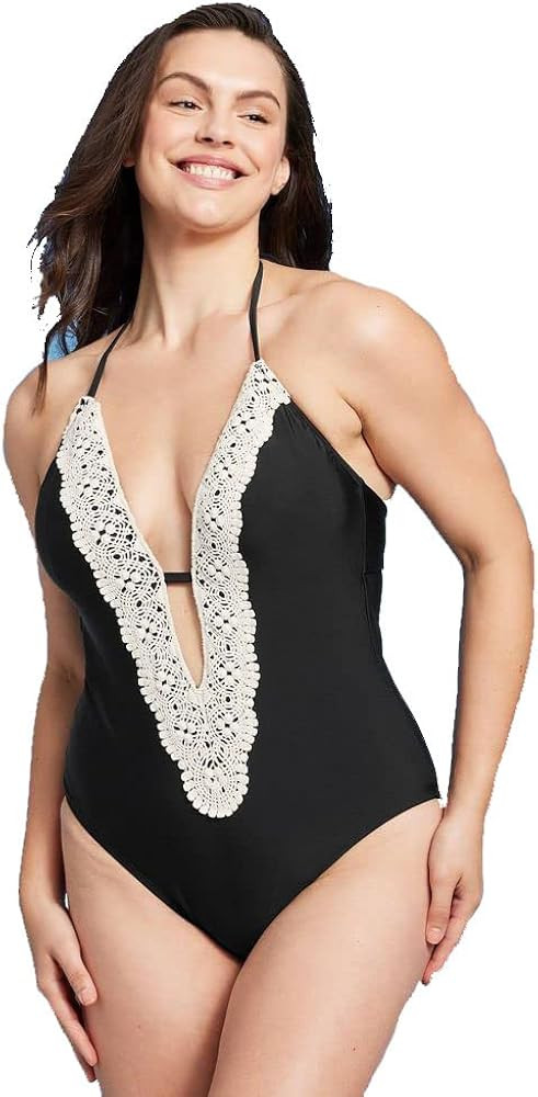 Shade & Shore Women's Crochet Necklace Plunge One Piece Swimsuit - | Amazon (US)