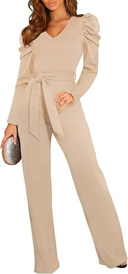 Amazon.com: BLENCOT Women V Neck Ruffle Long Sleeve Fashion Jumpsuits Belted Wide Leg Rompers Jum... | Amazon (US)