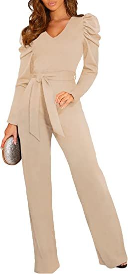 Amazon.com: BLENCOT Women V Neck Ruffle Long Sleeve Fashion Jumpsuits Belted Wide Leg Rompers Jum... | Amazon (US)