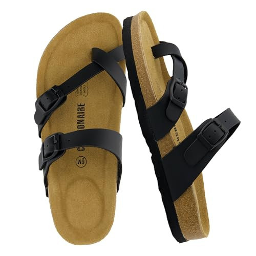 CUSHIONAIRE Luna Sandals for Women, Cork Footbed Womens Sandals for Summer Comfort with Adjustable Straps, Wide Width Available, BLACK 8.5 | Amazon (US)