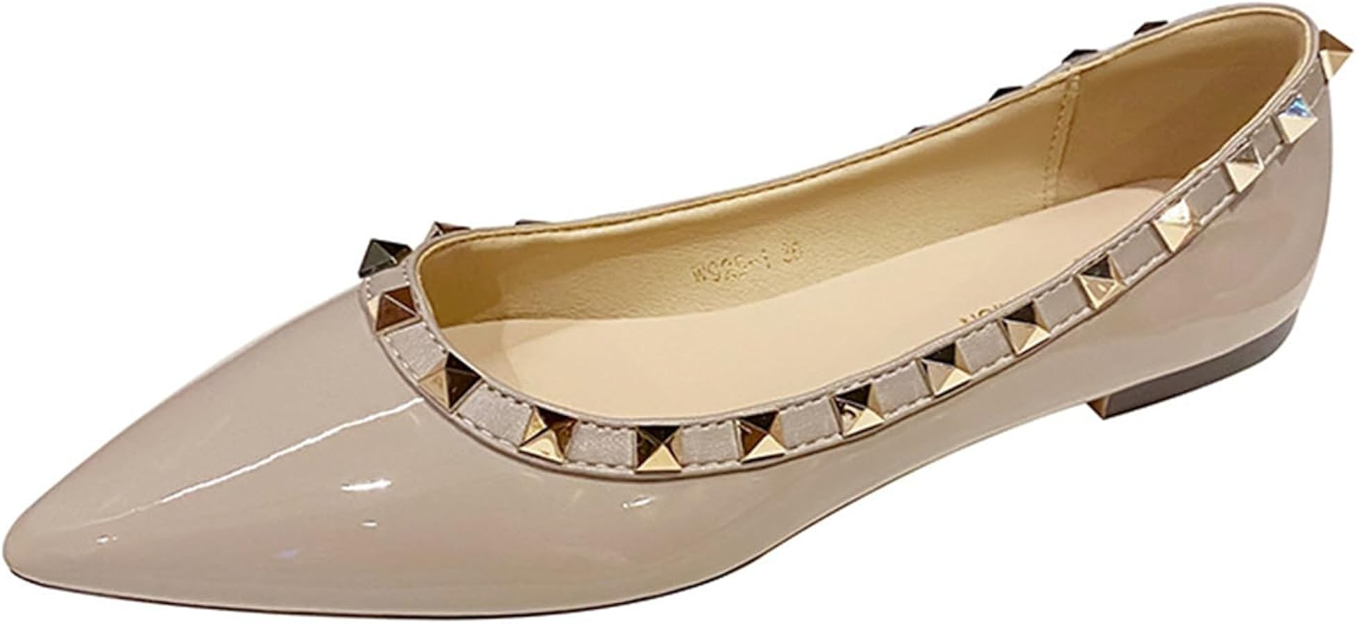 Women Patent Leather Studded Rivet Closed Shallow Mouth Comfortable Dress Walking Flat Shoes Fash... | Amazon (US)
